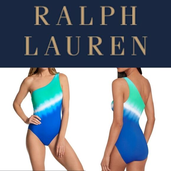 NEW RALPH LAUREN ONE SHOULDER BLUE GREEN OMBRE PIECE SWIMSUIT 4 NWT - Picture 1 of 10